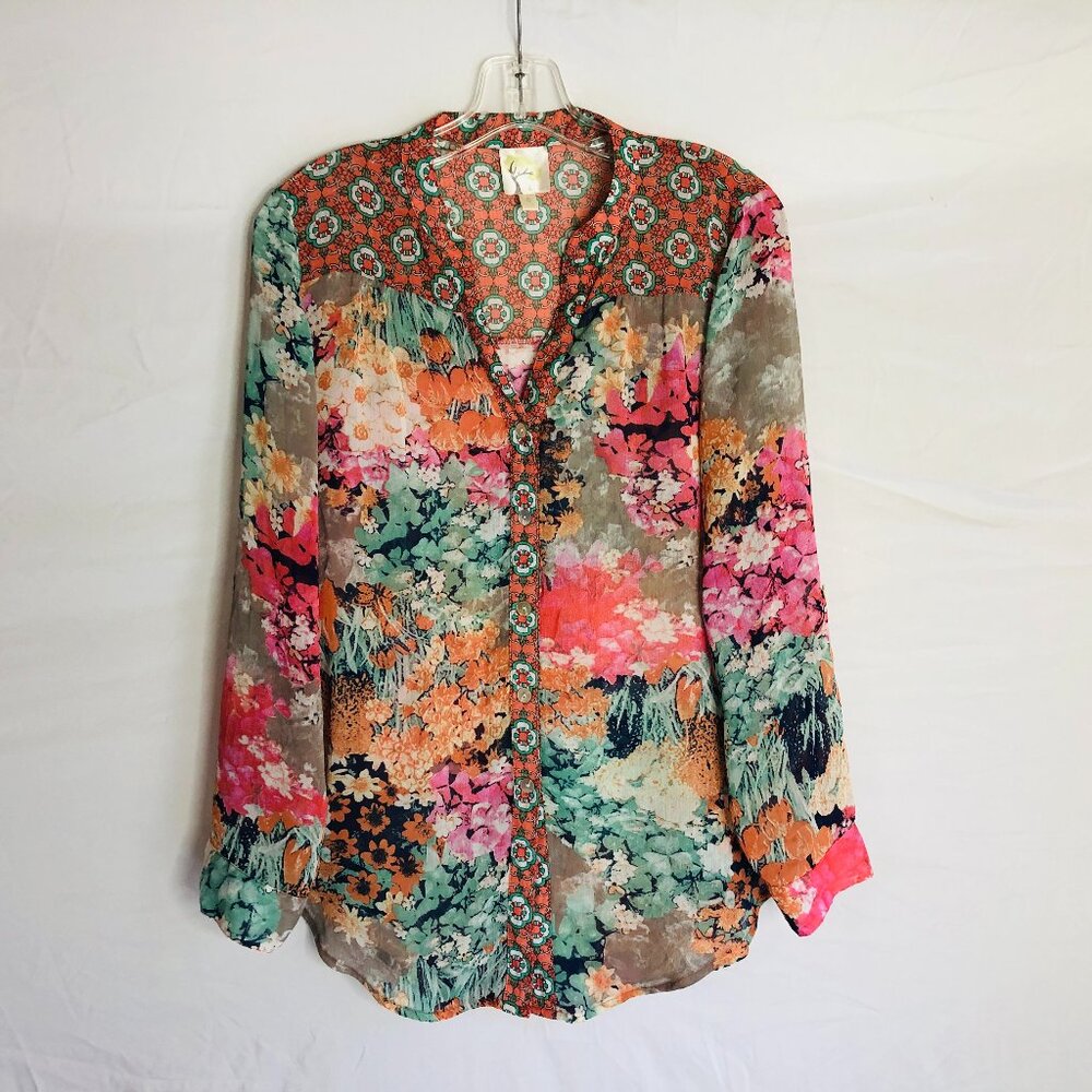 Fig & Flower Anthropologie Top Women's Small Semi Sheer Floral Button‎ Up Tunic